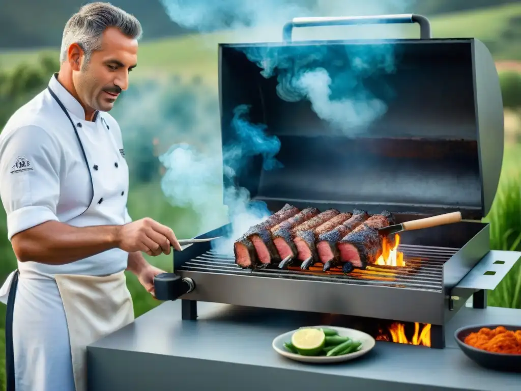 Chef celebre preparando un asado uruguayo paso a paso en un entorno campestre pintoresco