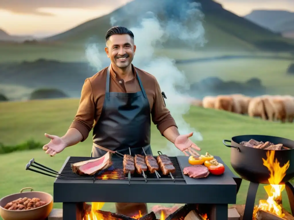 Chef Federico Barrios dominando las técnicas ancestrales de asado uruguayo junto a un fogón rugiente y cortes de carne en Uruguay