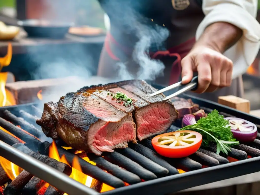 Un chef sazona expertamente una Colita de Cuadril asado Uruguay en un asado rústico al aire libre