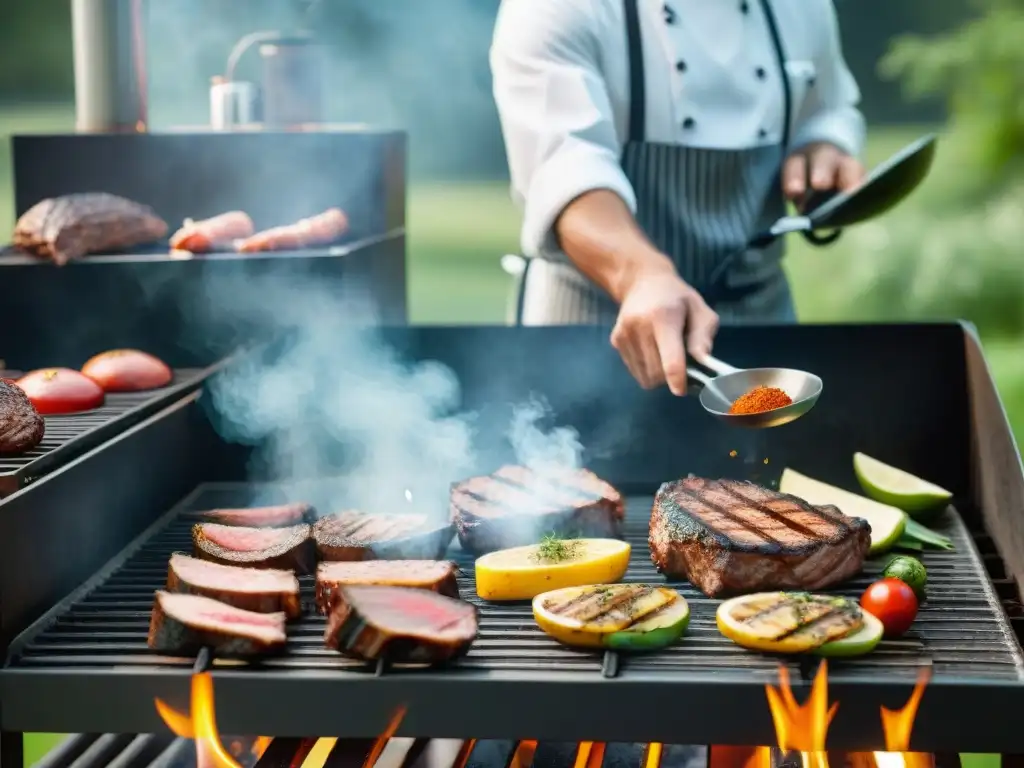 Un chef concentrado sazona carnes en parrilla limpia al aire libre