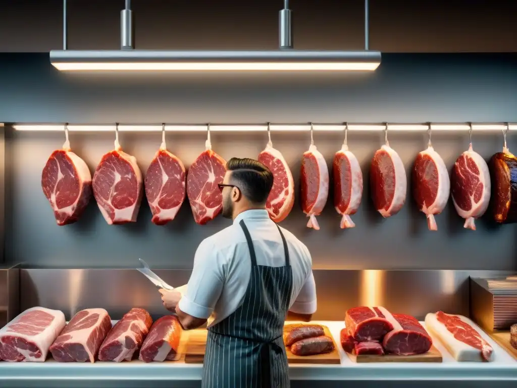 Un chef selecciona cortes para asado en carnicería, con atención a detalles y marbling, en un entorno rústico