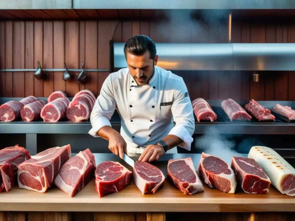 Un chef seleccionando cortes de carne premium en una carnicería uruguaya