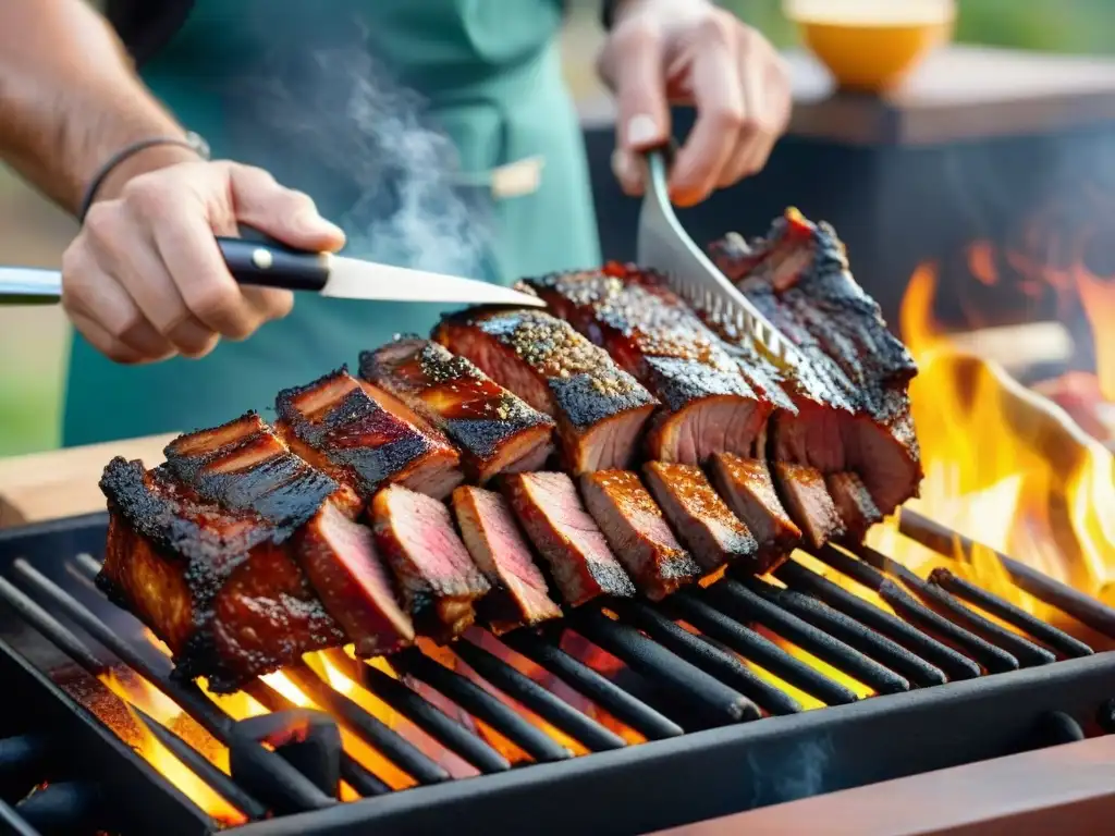 Un chef sazona expertamente costillas jugosas con especias, listas para la parrilla