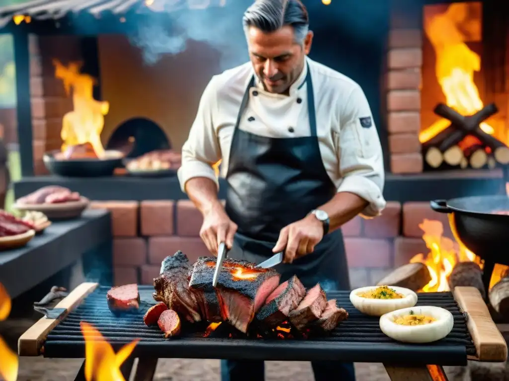 Un chef experimentado talla un delicioso asado uruguayo en un entorno rústico con técnicas avanzadas de asado uruguayo