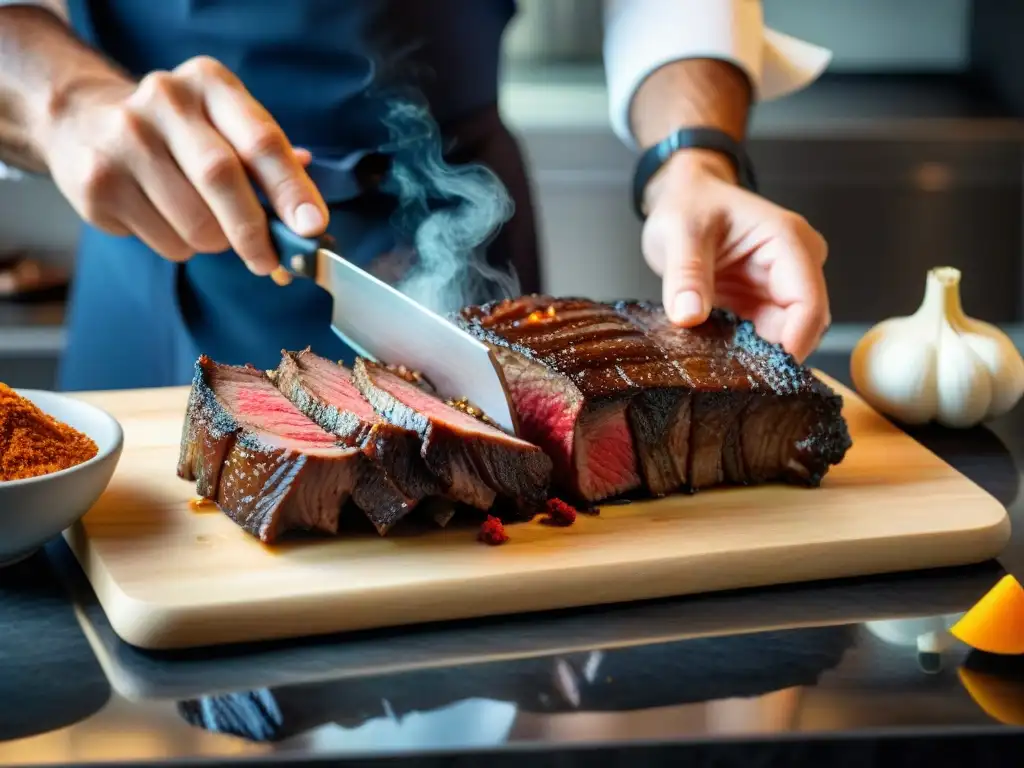 Un chef experto preparando asado de tira con Secretos del asado de tira en una cocina moderna