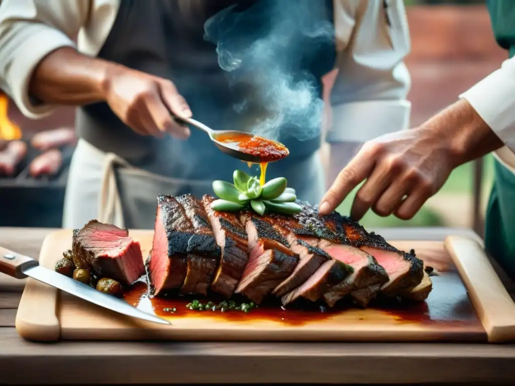 Un chef experto marina carne para asado uruguayo con chimichurri, en un entorno tradicional