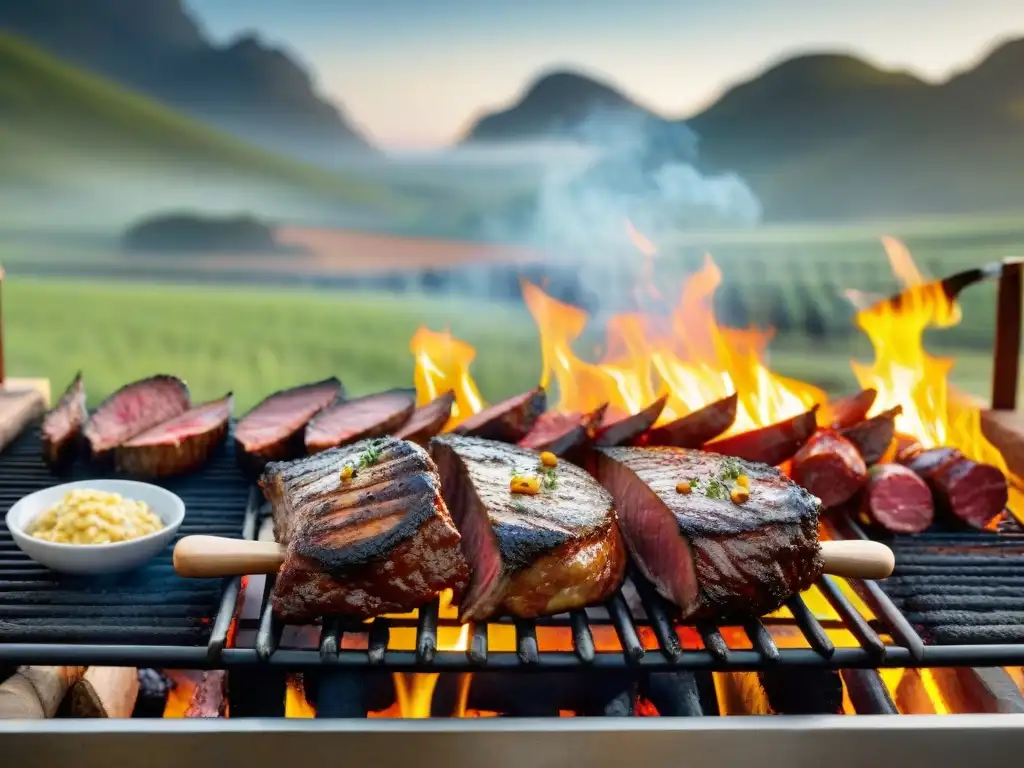 Un chef experto prepara un asado uruguayo tradicional en una parrilla, con cortes de carne sizzling y llamas, con viñedos de fondo