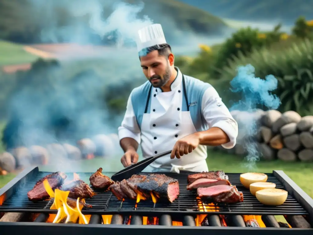 Un chef experto preparando un asado uruguayo tradicional en un entorno campestre, mostrando certificaciones profesionales en asado Uruguayo