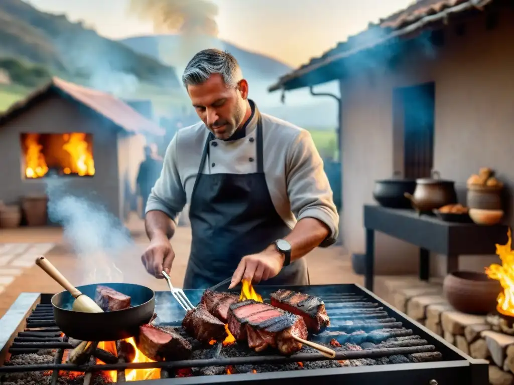 Un chef experto preparando un asado uruguayo a la parrilla al aire libre al atardecer