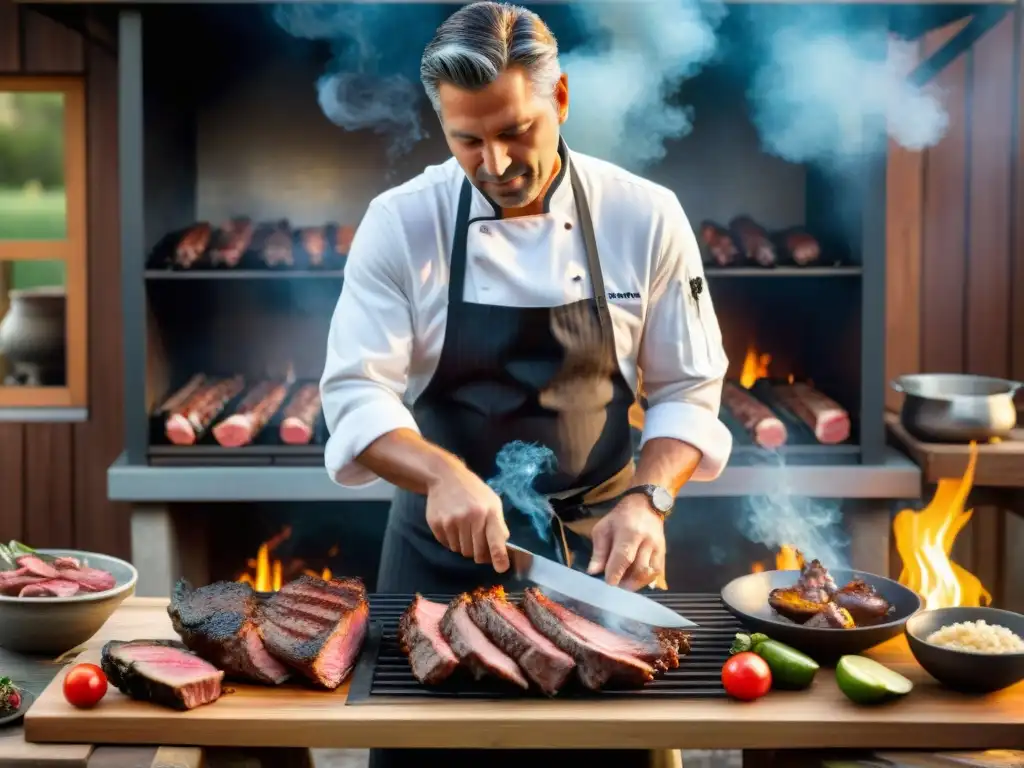 Un chef experto preparando un asado uruguayo tradicional, con carnes a la parrilla y ingredientes frescos