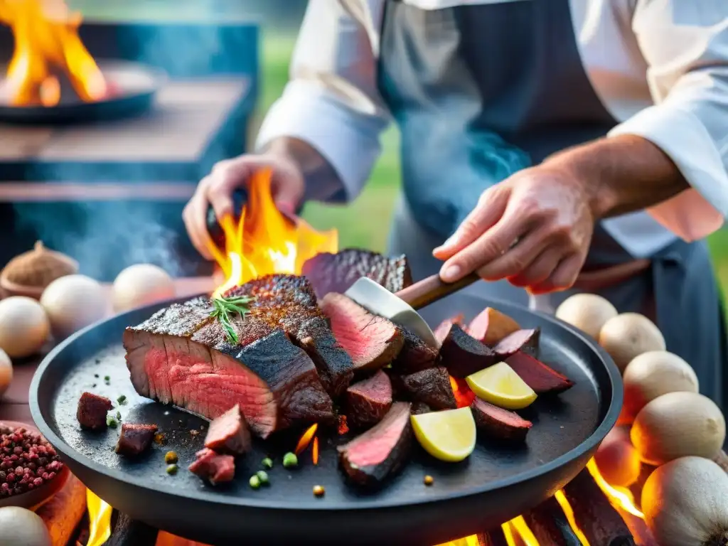 Un chef experto macerando carne de canguro con sazón de asado uruguayo en un entorno rústico y tradicional