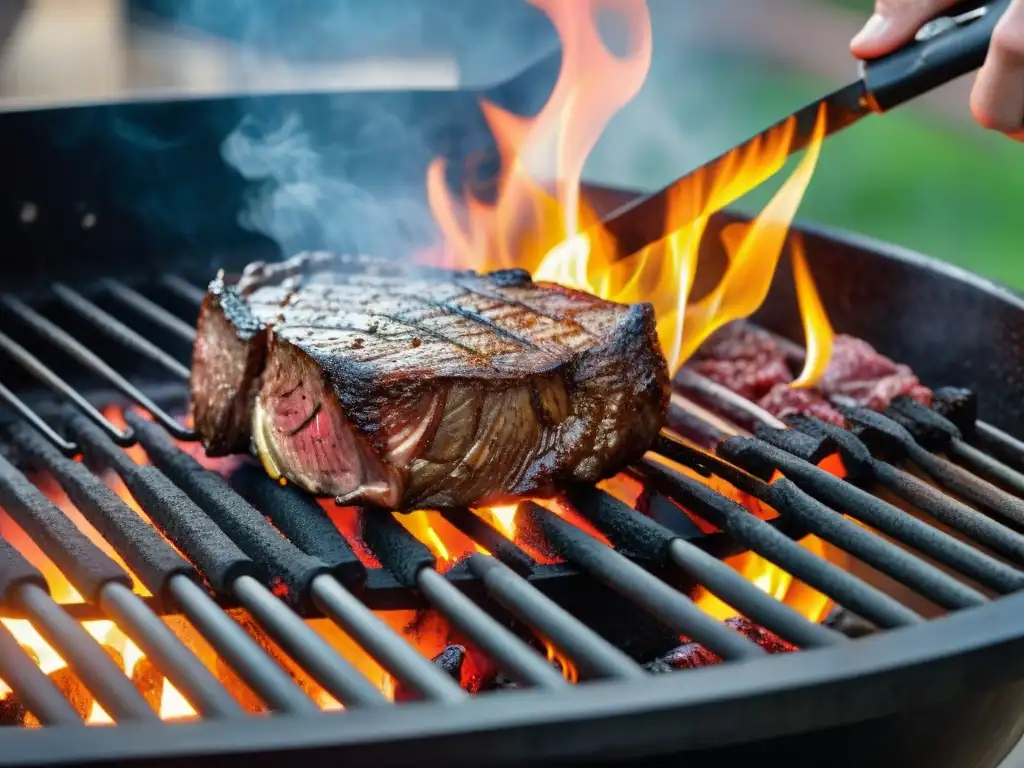 Un chef experto asando carne, mostrando la Química de la carne en asado con precisión y pasión