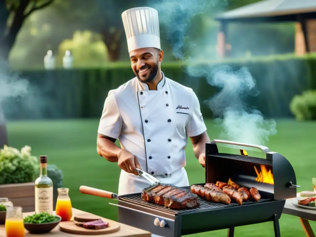 Un chef experto asando carne en parrilla, con sear marks perfectos y jugos chisporroteantes, en un entorno de lujo