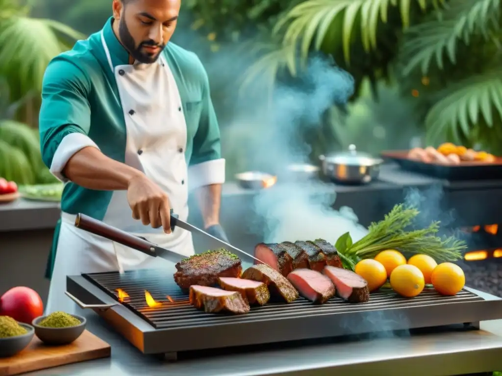 Un chef experto preparando y sazonando carnes exóticas en una parrilla moderna al atardecer dorado