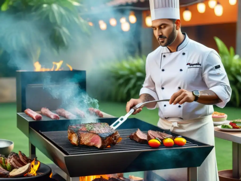 Un chef experto preparando carnes exóticas para asar en una parrilla, entre colores vibrantes y texturas intrincadas, con humo aromático