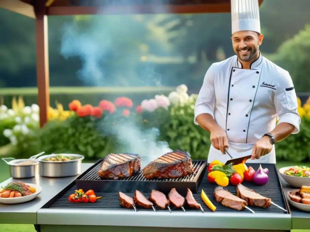 Chef experto asando carnes en parrilla, rodeado de naturaleza