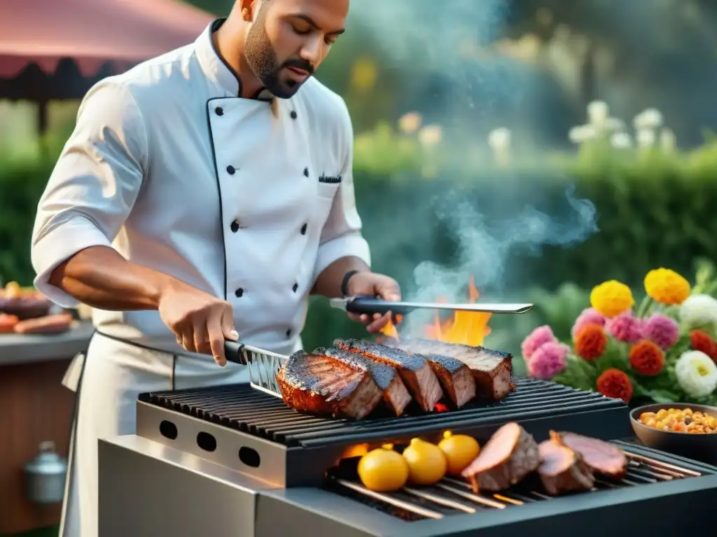 Un chef experto asando carnes bajo el sol, ajustando la temperatura en el grill, rodeado de naturaleza exuberante