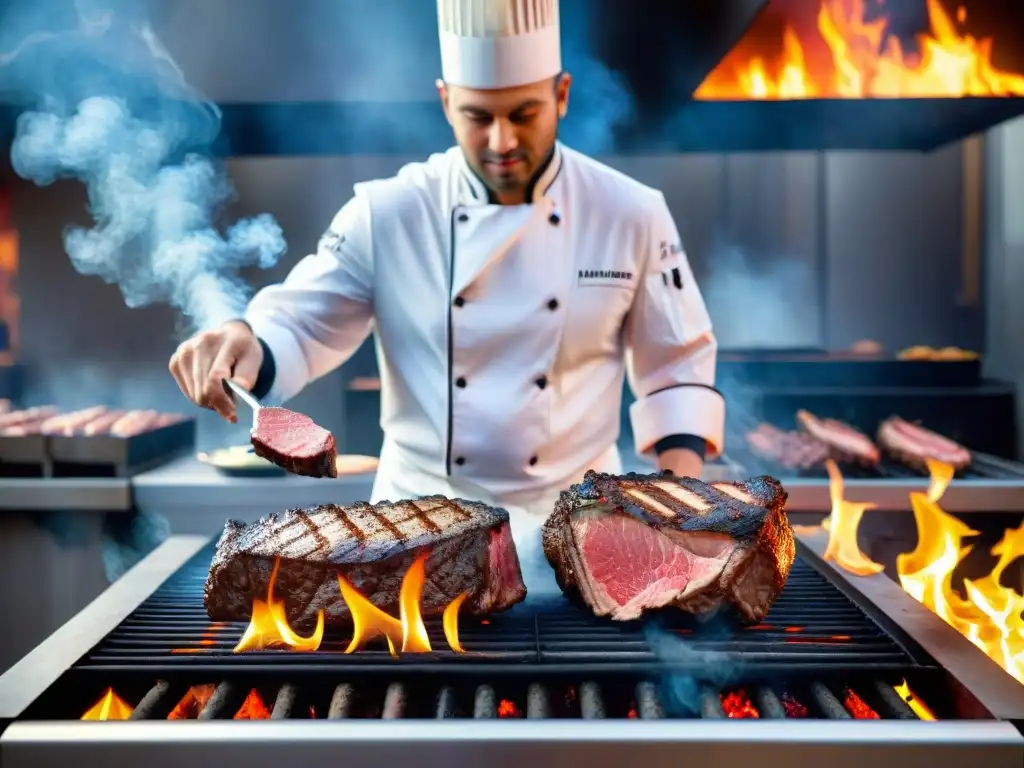 Un chef experto certificado asando carne en una parrilla, evocando maestría culinaria