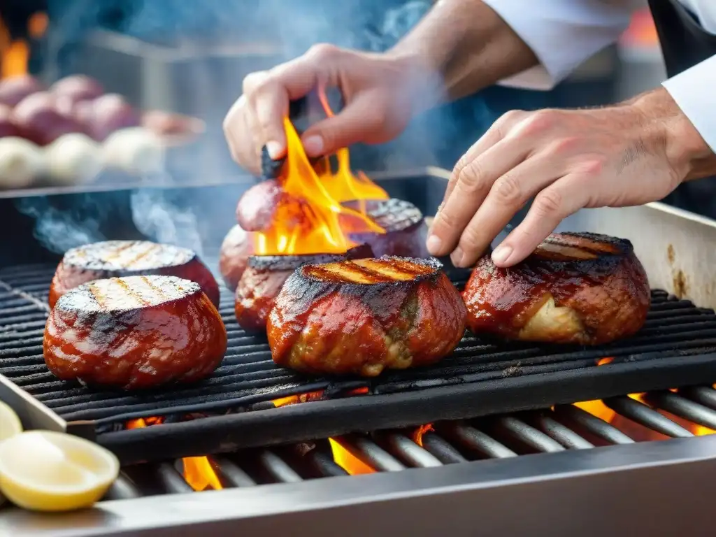 Un chef experto prepara con maestría el chorizo bombón uruguayo en la parrilla, capturando la esencia de la tradición culinaria