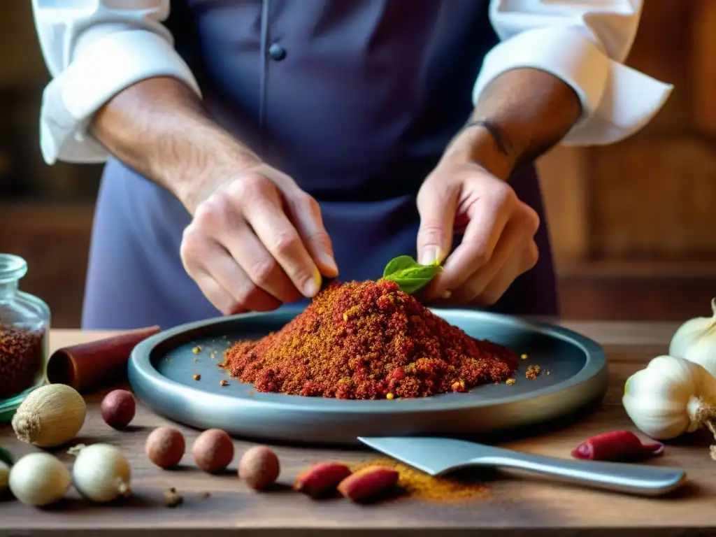 Un chef experto prepara el chorizo bombón uruguayo con destreza en una cocina rústica