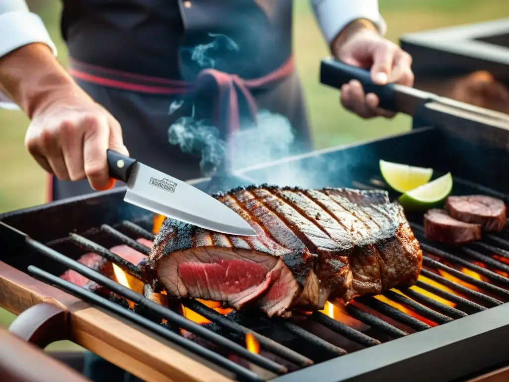 Un chef experto corta carne asada perfecta al aire libre