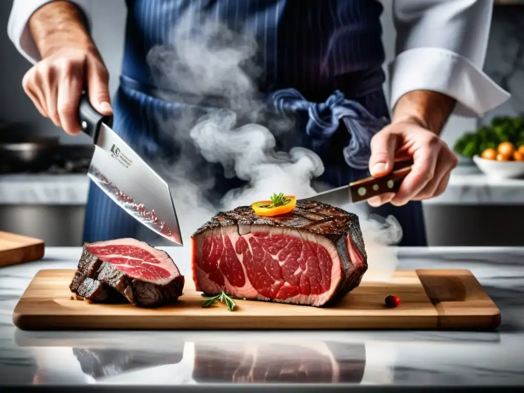 Un chef experto corta una exquisita carne Wagyu, resaltando innovaciones en corte de carne