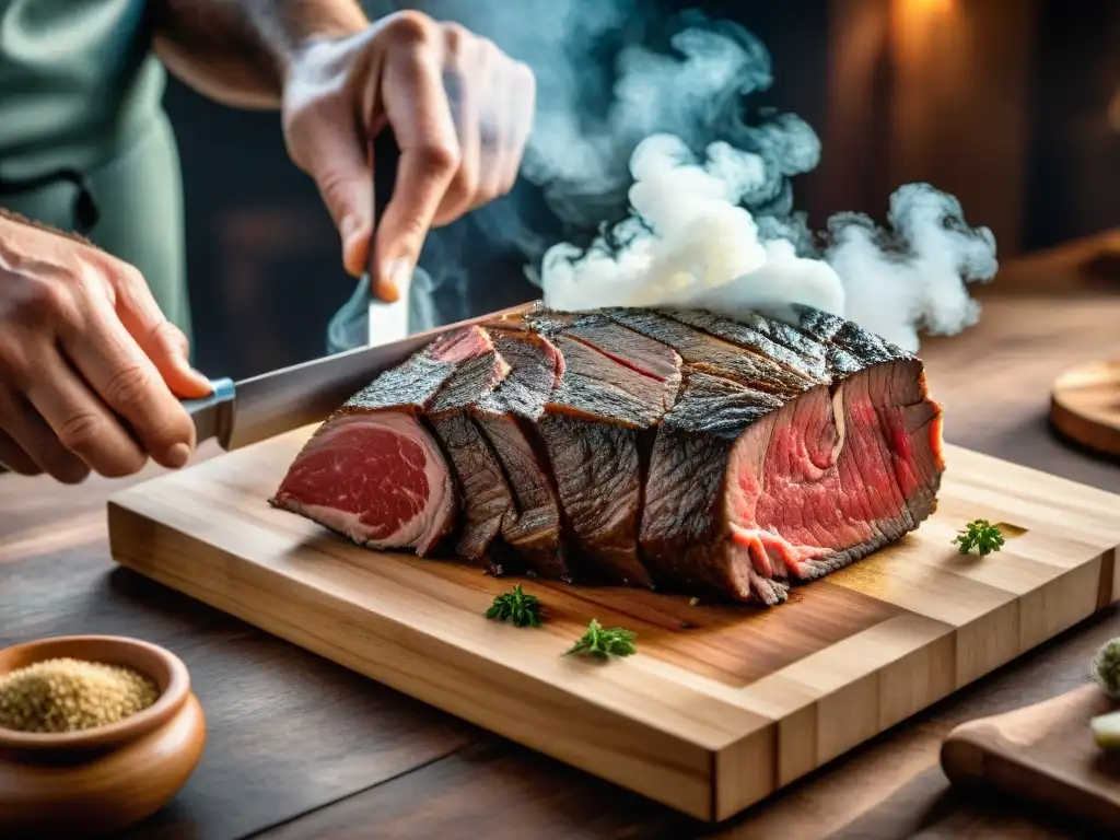 Un chef experto corta grasa de carne uruguaya para ahumado