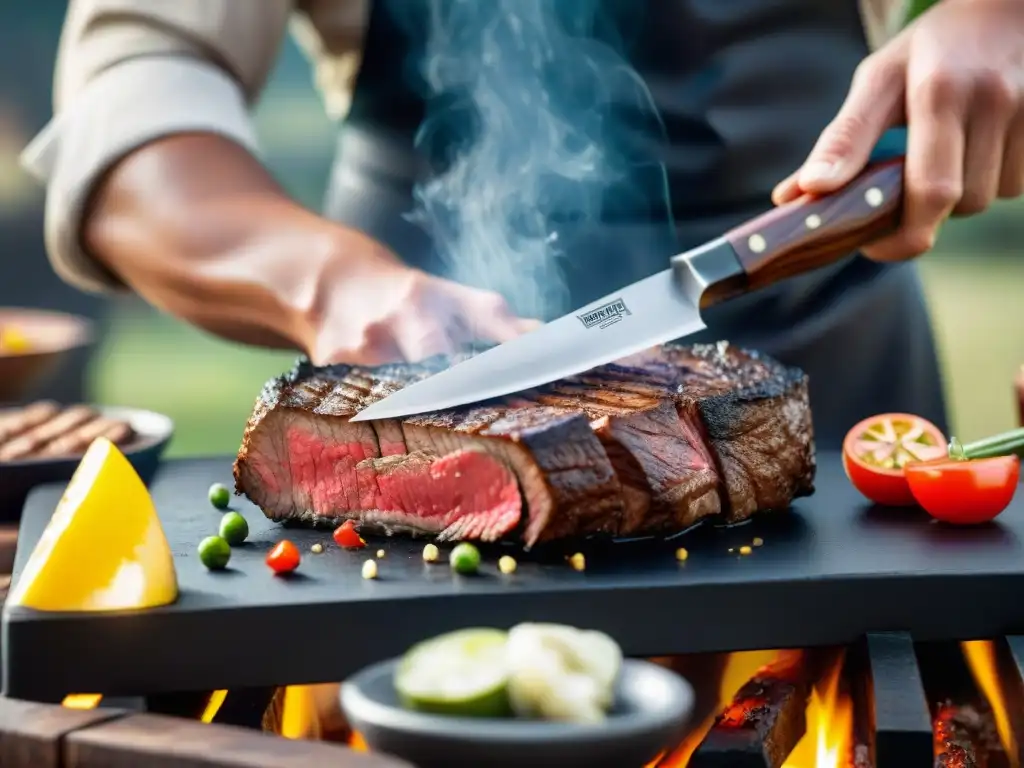 Un chef experto corta una suculenta carne con cuchillos para asado recomendados, en un asado al aire libre