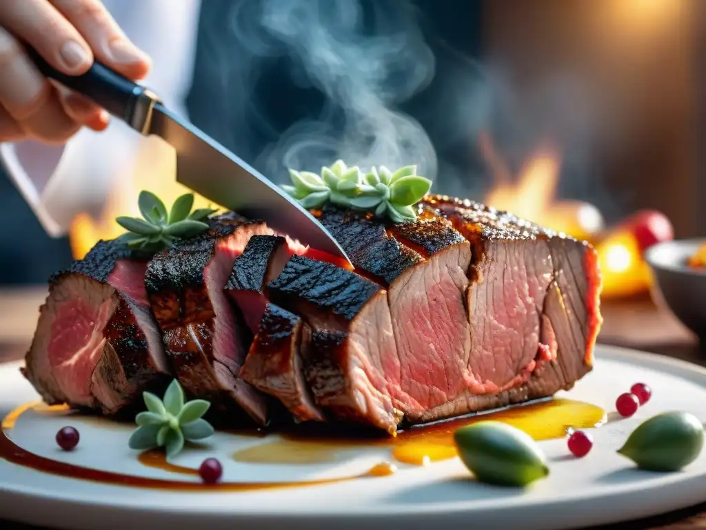 Un chef experto innovando en el corte de carne, destreza y precisión en cada rebanada