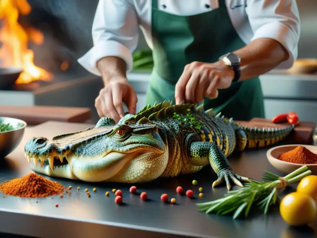 Un chef experto sazona con maestría un corte de cocodrilo en una cocina moderna