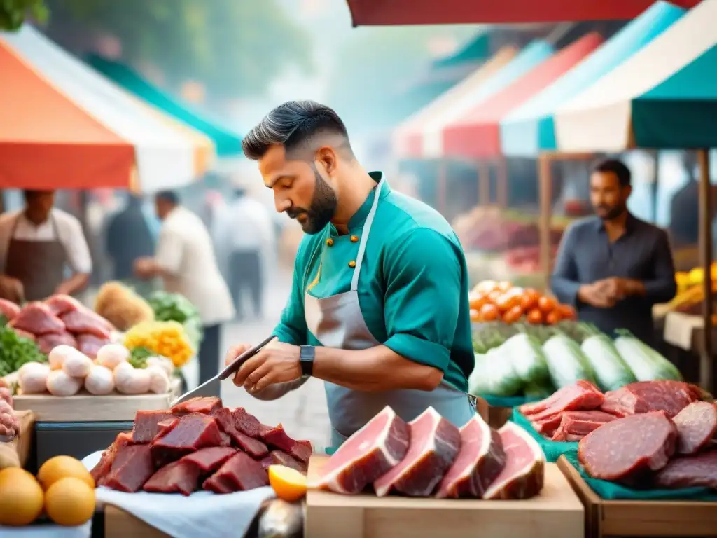 Un chef experto selecciona cortes para asado en mercado bullicioso