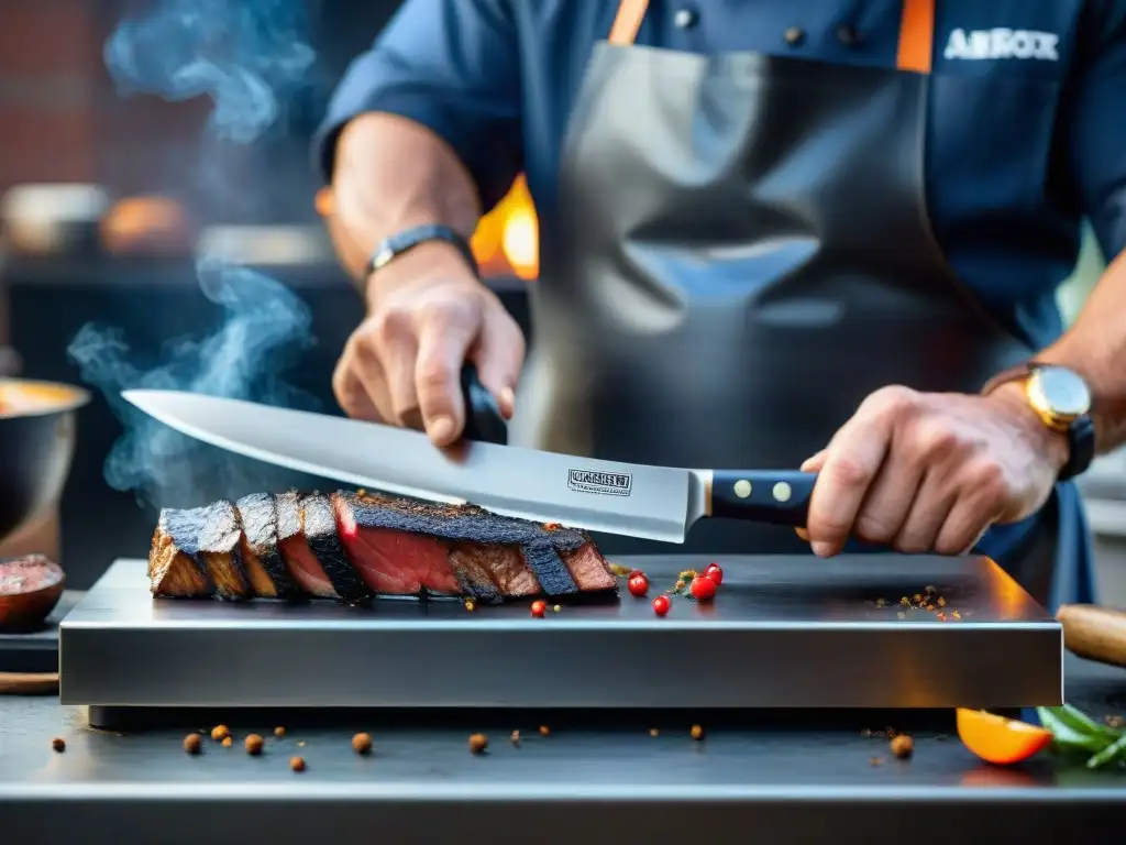 Un chef experto afila un cuchillo en una piedra de afilar, reflejando los colores de una parrilla