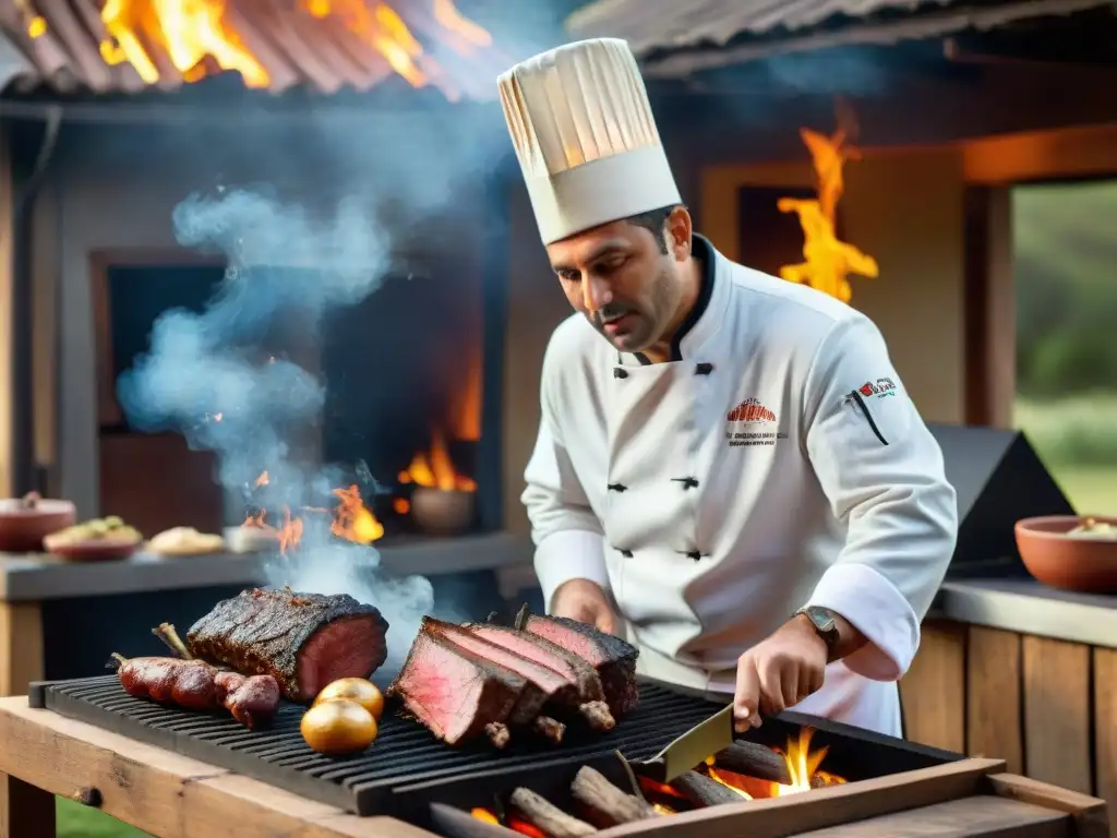 Un chef experto asando un delicioso asado uruguayo en una parrilla al aire libre