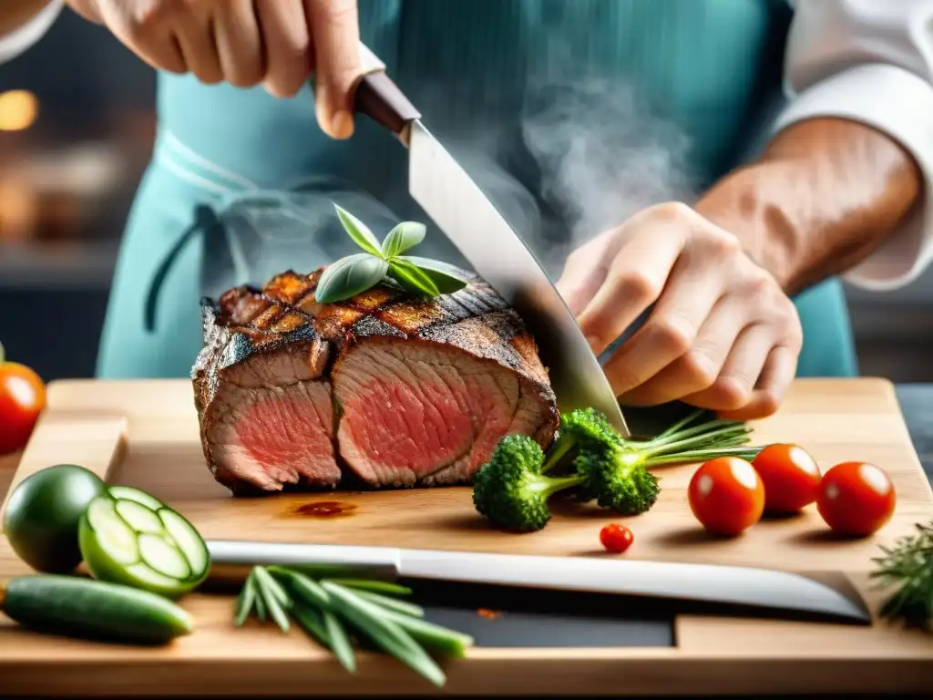 Un chef experto destreza técnicas asado corte aprovechar, resaltando la jugosidad y marbling de la carne