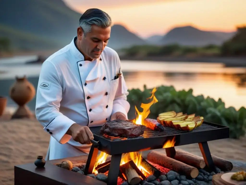 Un chef experto asando un enorme y suculento bistec al atardecer en el Río de la Plata, rodeado de herramientas tradicionales