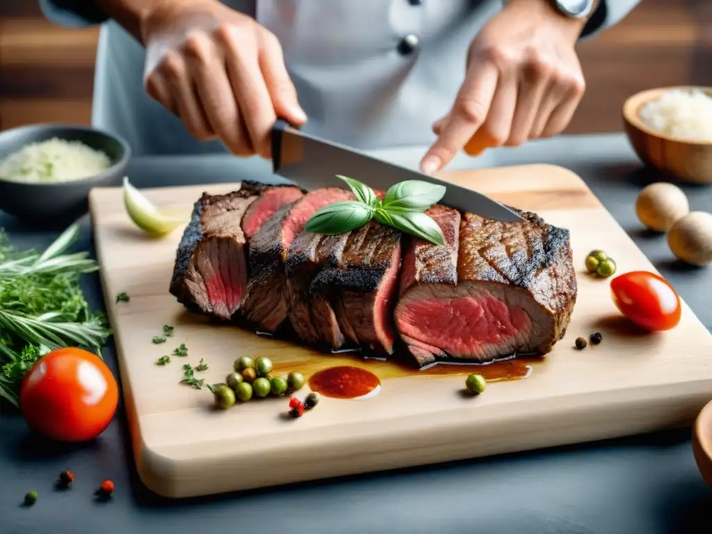 Un chef experto preparando una entraña, destacando trucos asado entraña tierna