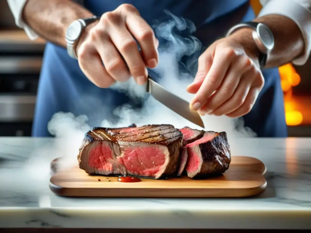 Un chef experto sazona con maestría un filete marmoleado, mostrando las técnicas de salado para asados en una cocina rústica iluminada cálidamente