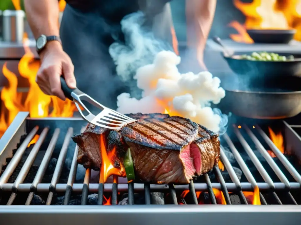 Un chef experto asando una jugosa carne con técnicas seguras y un impactante escenario de barbacoa