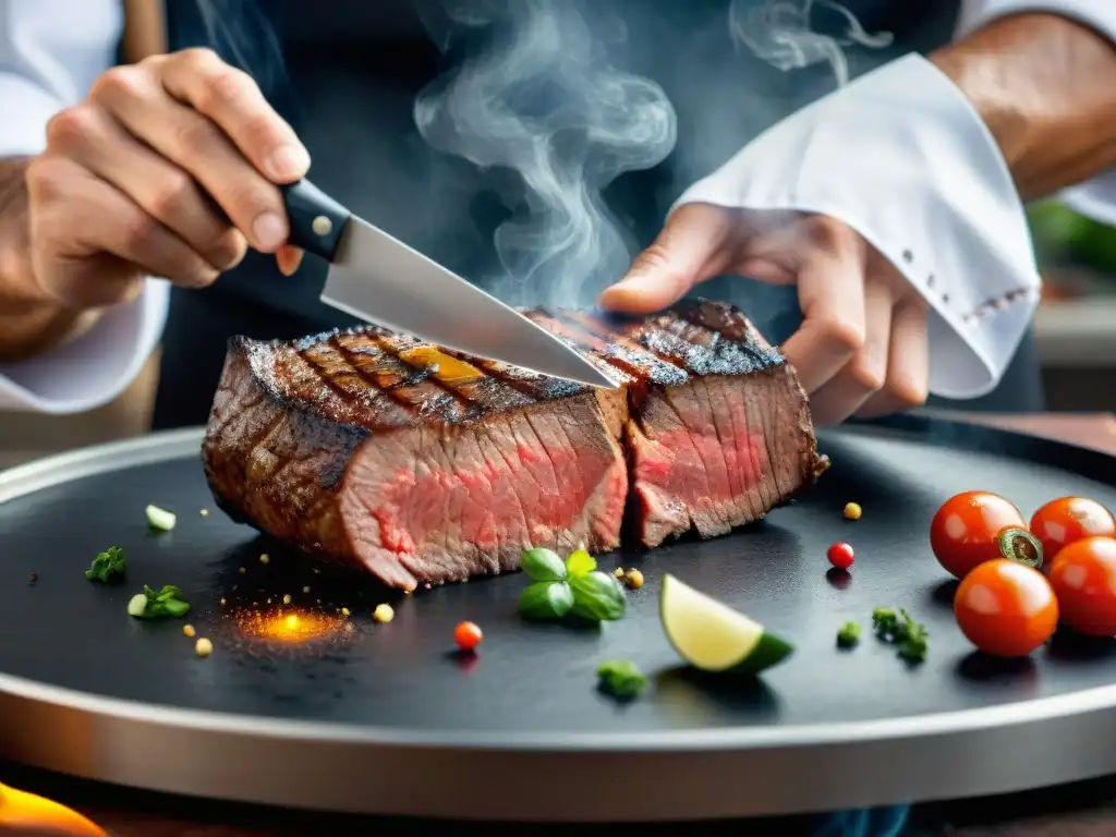 Un chef experto cortando una jugosa carne con cuchillos para asado recomendados