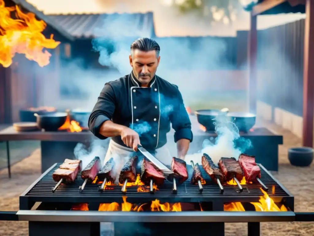 Chef experto maniobrando parrilla argentina, rodeado de humo y llamas, mostrando arte y precisión