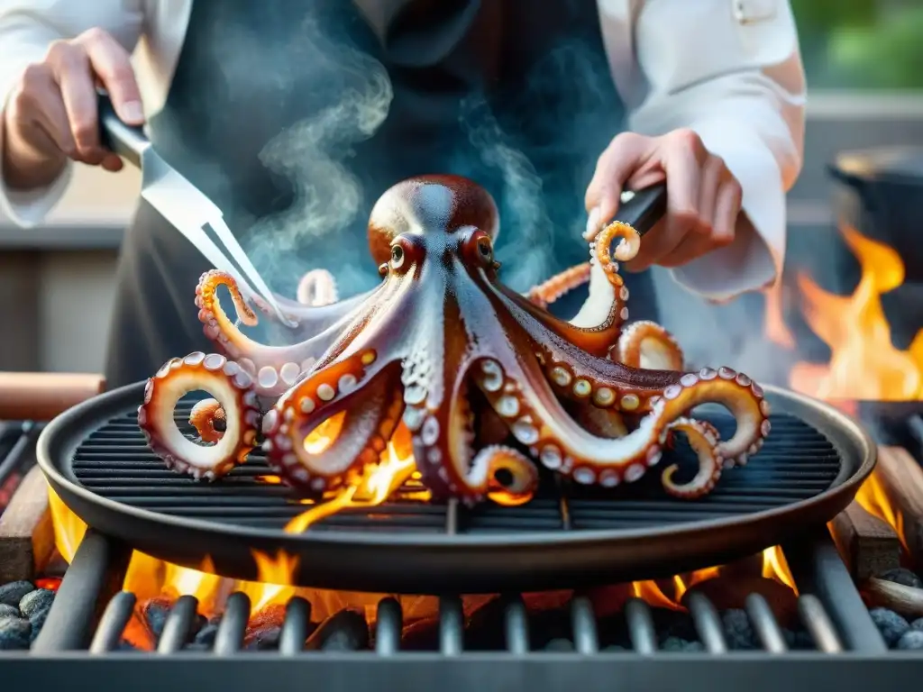 Un chef experto a la parrilla carameliza tentáculos de pulpo, creando una obra de arte culinaria bajo la luz y sombra