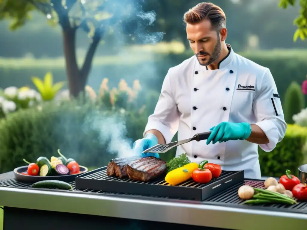 Chef experto en parrilla asando vegetales y filetes en parrilla de alta gama al aire libre