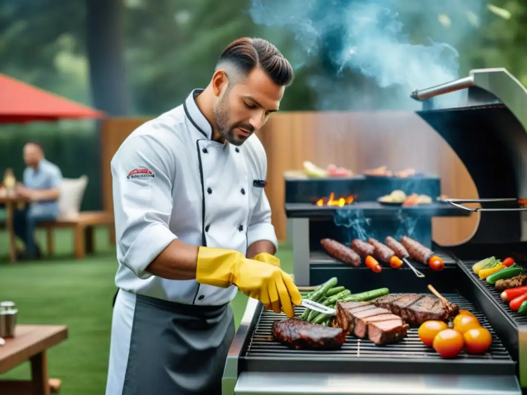 Chef experto en parrillas preparando una deliciosa barbacoa al aire libre con amigos y familia