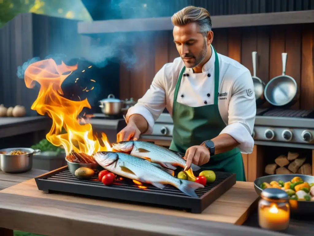 Un chef experto asando pescados frescos en parrilla con maridaje vinos uruguayos