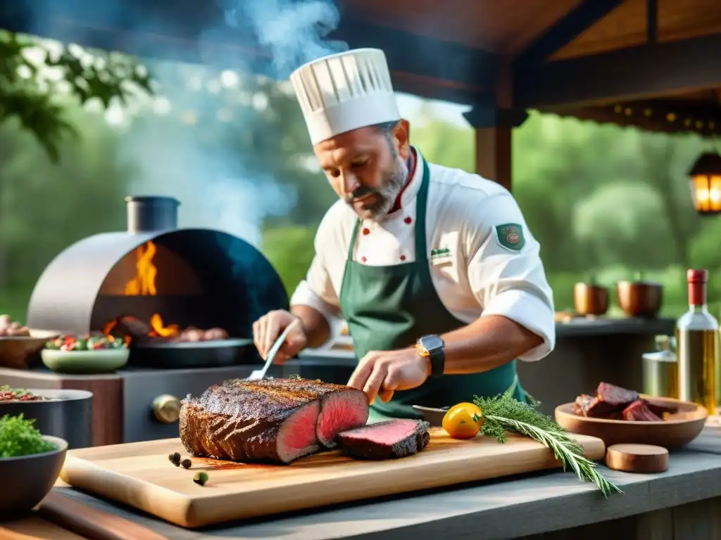 Un chef experto sazona una pieza de venado en una cocina al aire libre, rodeada de vegetación exuberante