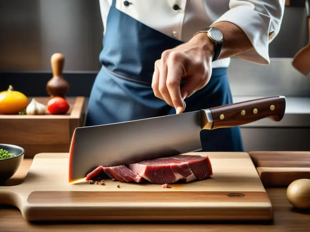 Un chef experto afilando con precisión un cuchillo de carnicero brillante en una tabla de cortar de madera