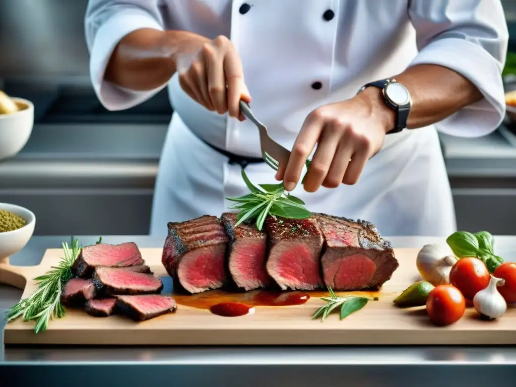 Un chef experto marina cortes premium de carne, resaltando colores y texturas, en una cocina profesional