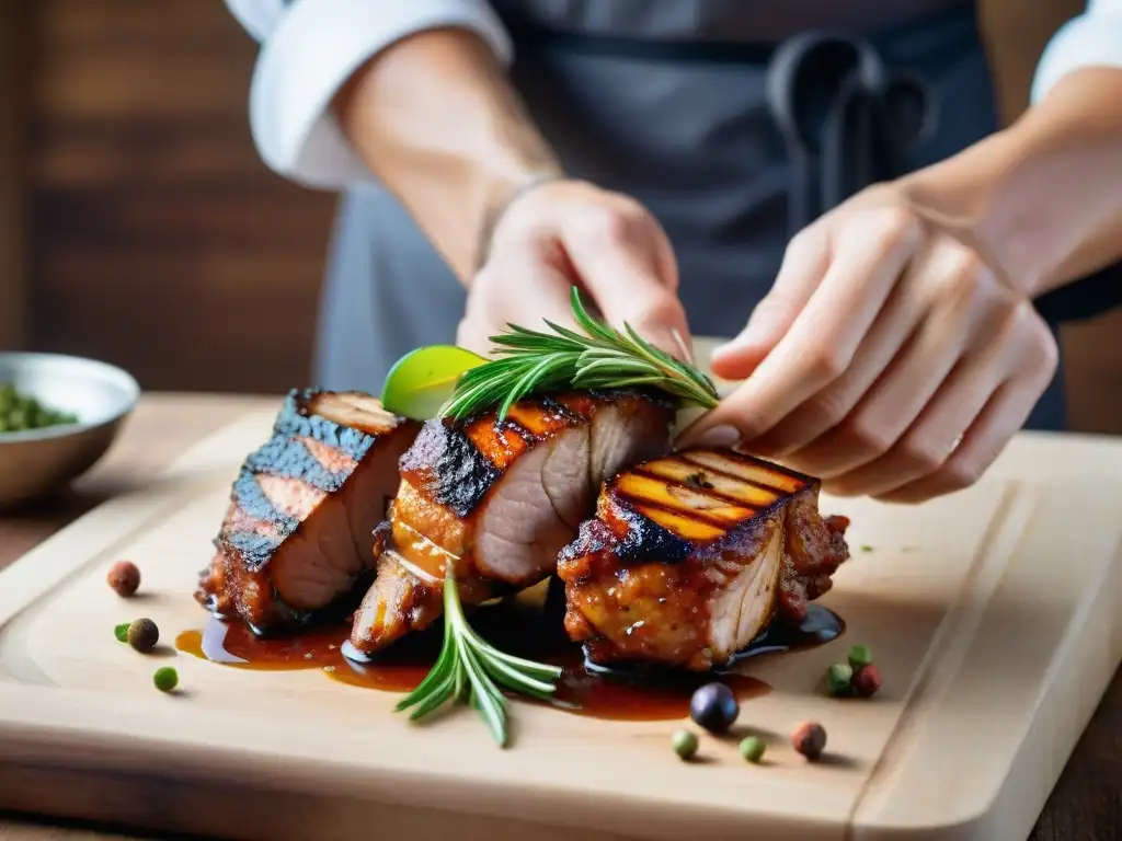 Un chef experto en la preparación de mollejas asadas, masajeando con maestría una marinada de especias y hierbas aromáticas