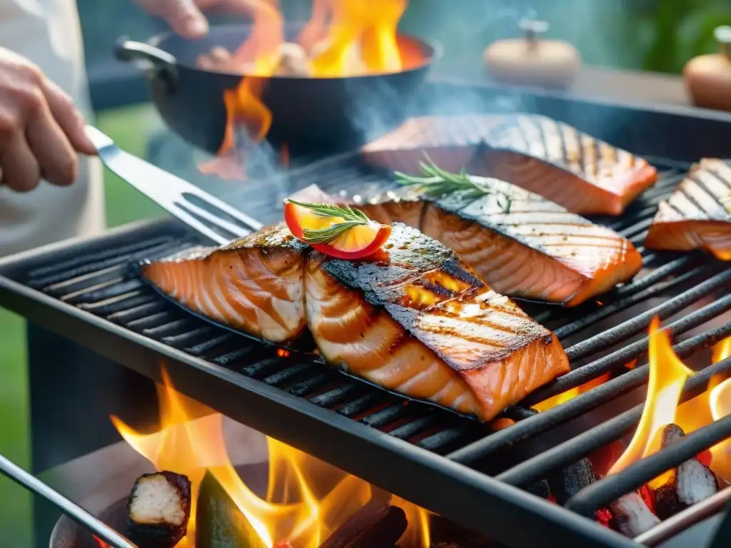 Chef experto preparando receta de salmonetes a la parrilla, con humo y grillados dorados al atardecer