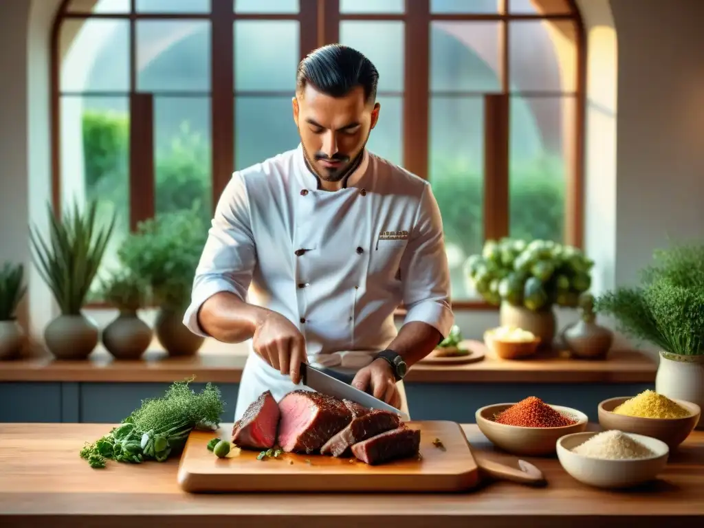 Un chef experto preparando recetas asado carne camello con meticulosidad y pasión